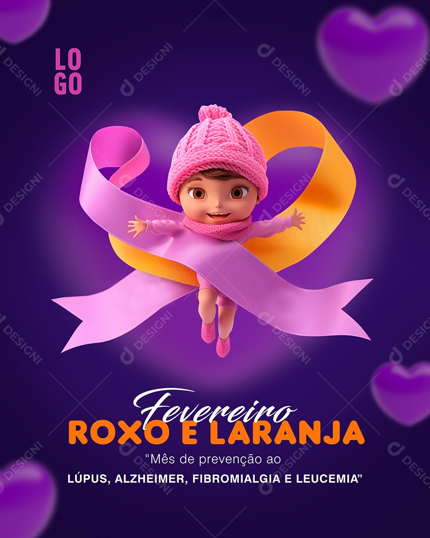 Social Media Fevereiro Roxo e Laranja Mês de Prevenção ao Lúpus Alzheimer Leucemia PSD Editável
