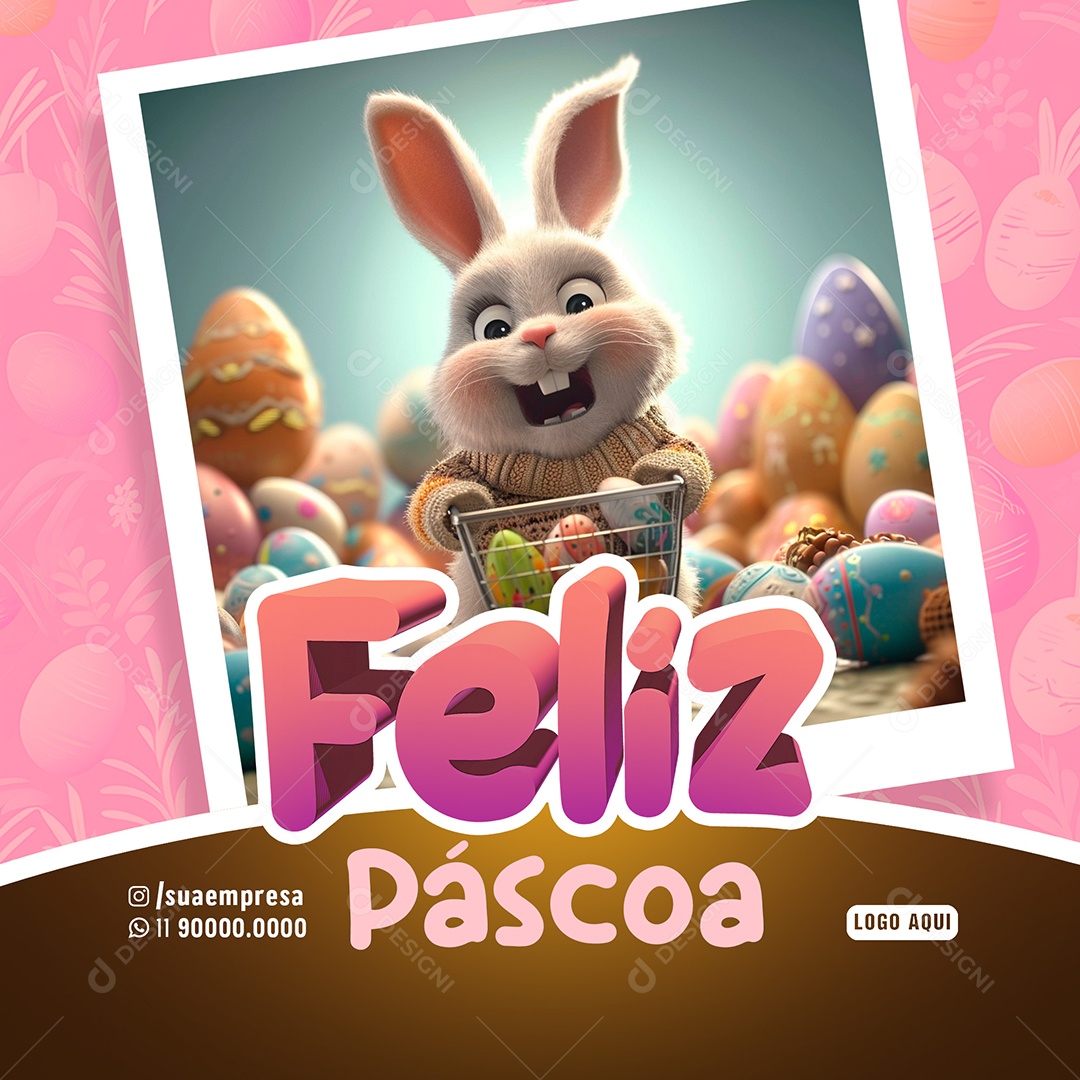 Feliz Páscoa Coelho e Vários ovos de páscoa colorido Social Media PSD Editável