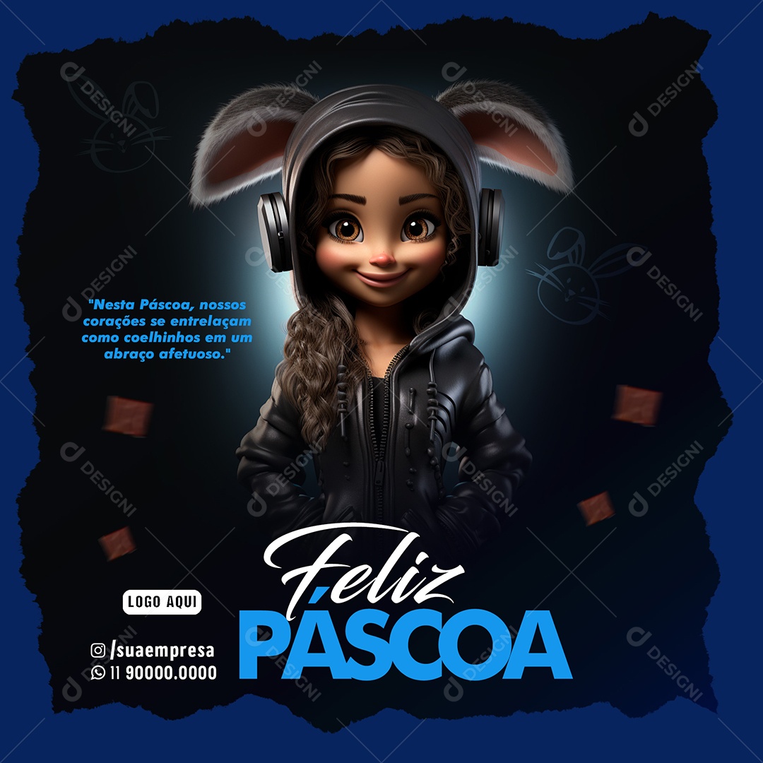 Feliz Páscoa nossos corações se entrelaçam como coelhinhos Social Media PSD Editável