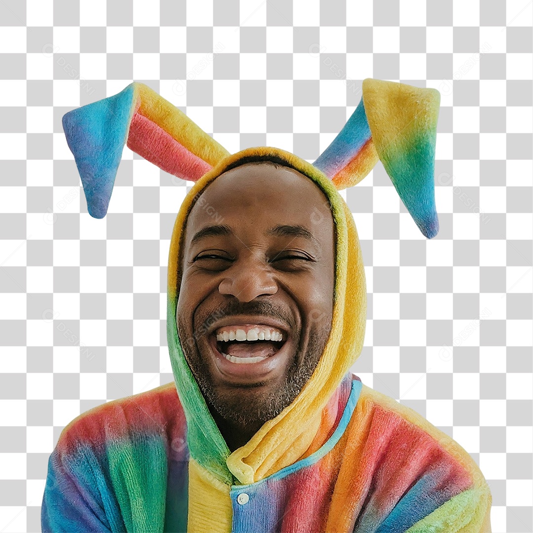 Homem Feliz Usando Fantasia de Coelho Colorida PNG Transparente