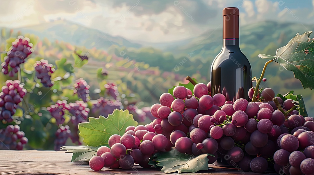 Cachos de uvas perto de uma garrafa de vinho