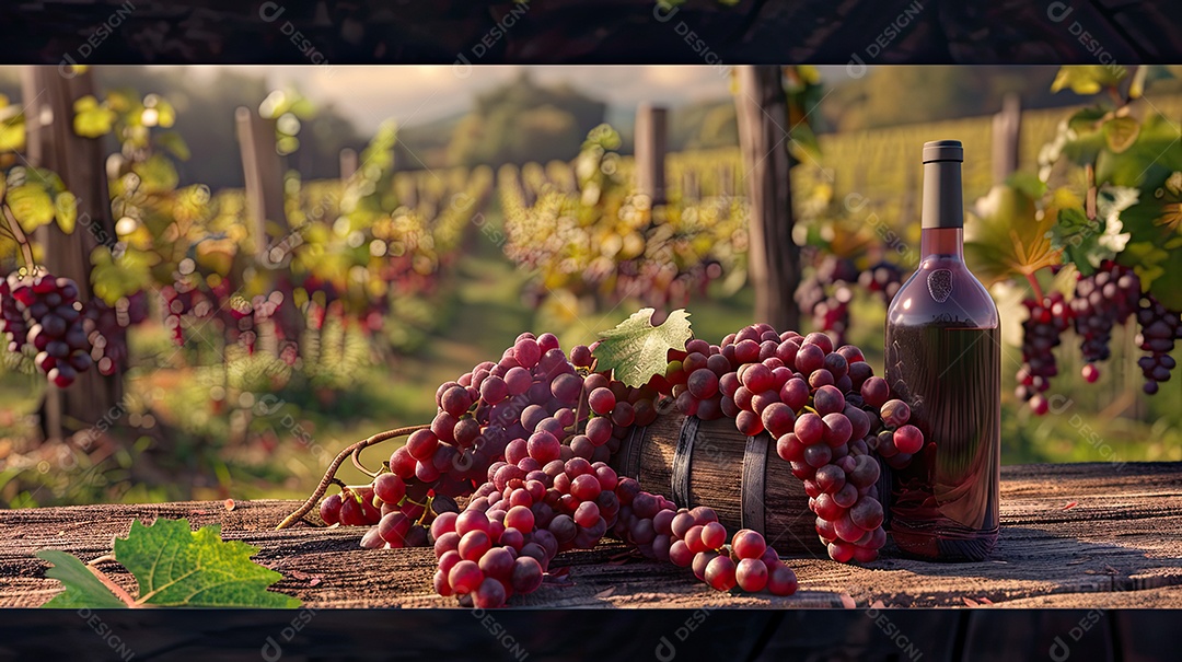 Cachos de uvas perto de uma garrafa de vinho sobre fundo desfocado de plantação