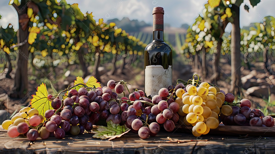 Cachos de uvas perto de uma garrafa de vinho sobre fundo deesfocado de plantação