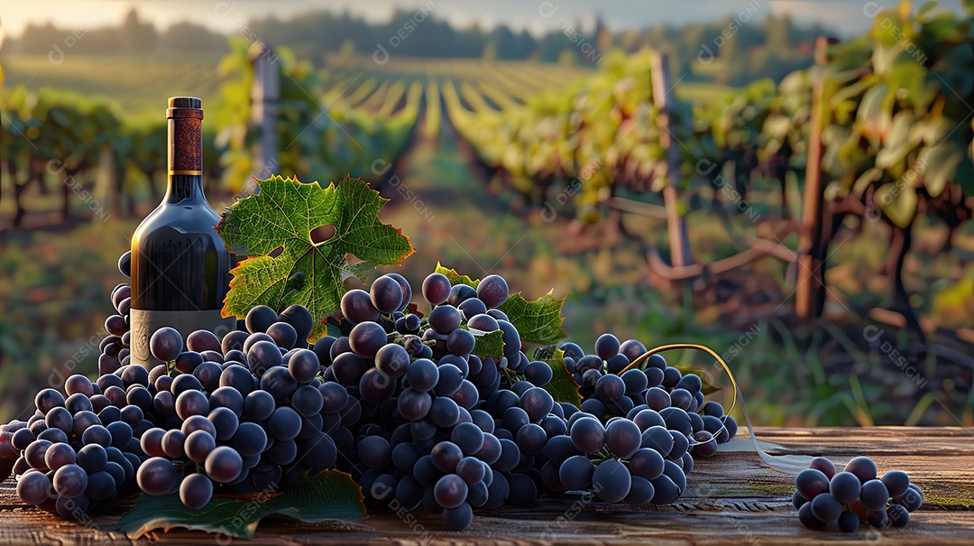 Cachos de uvas perto de uma garrafa de vinho