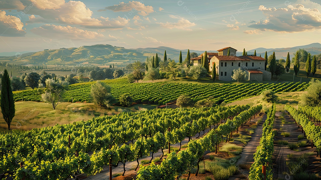 Grande vinhedo lindo ao amanhecer