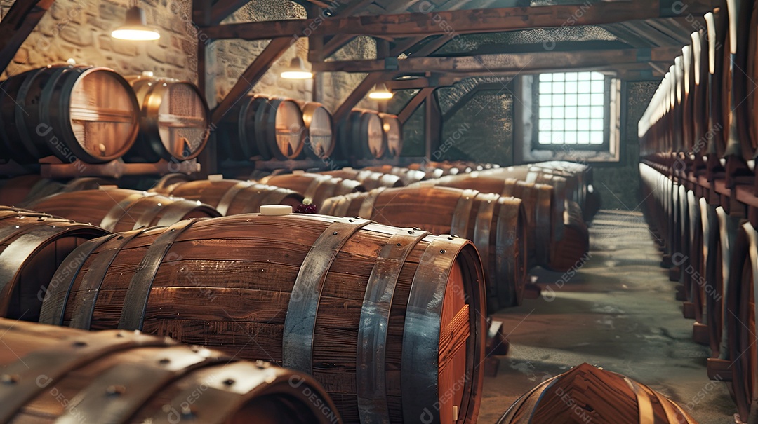 Armazém rústico com barris de vinho