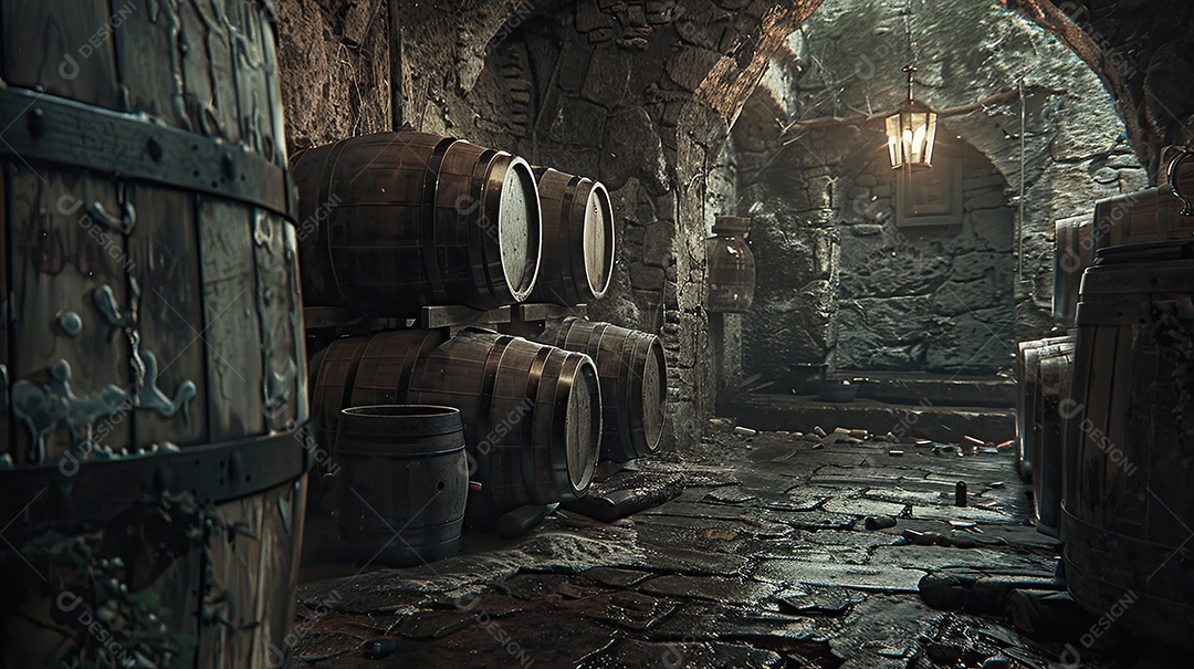 Armazém rústico com barris de vinho