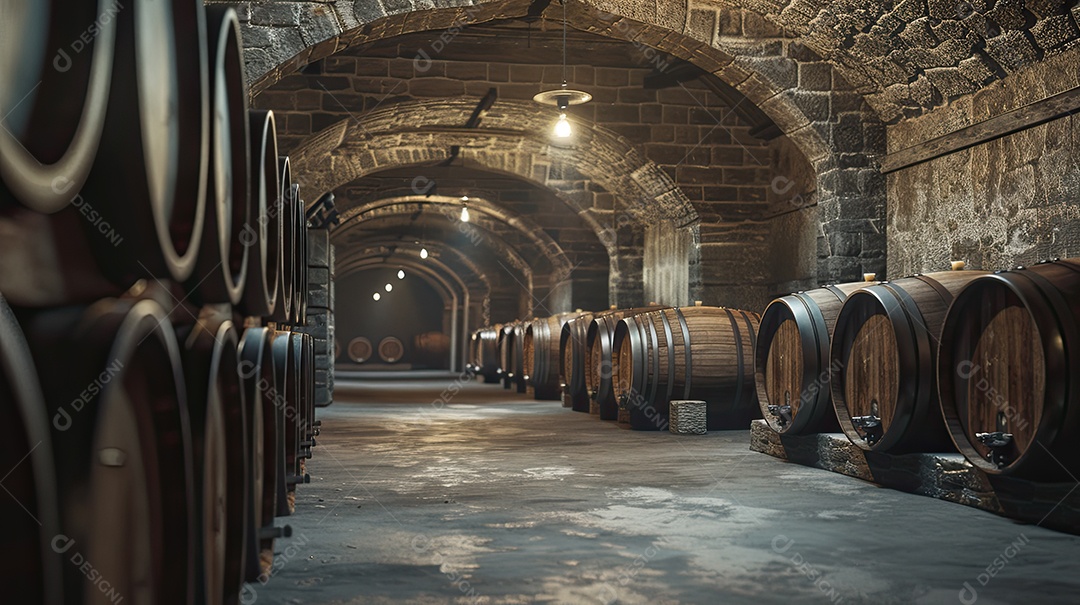 Armazém rústico com barris de vinho