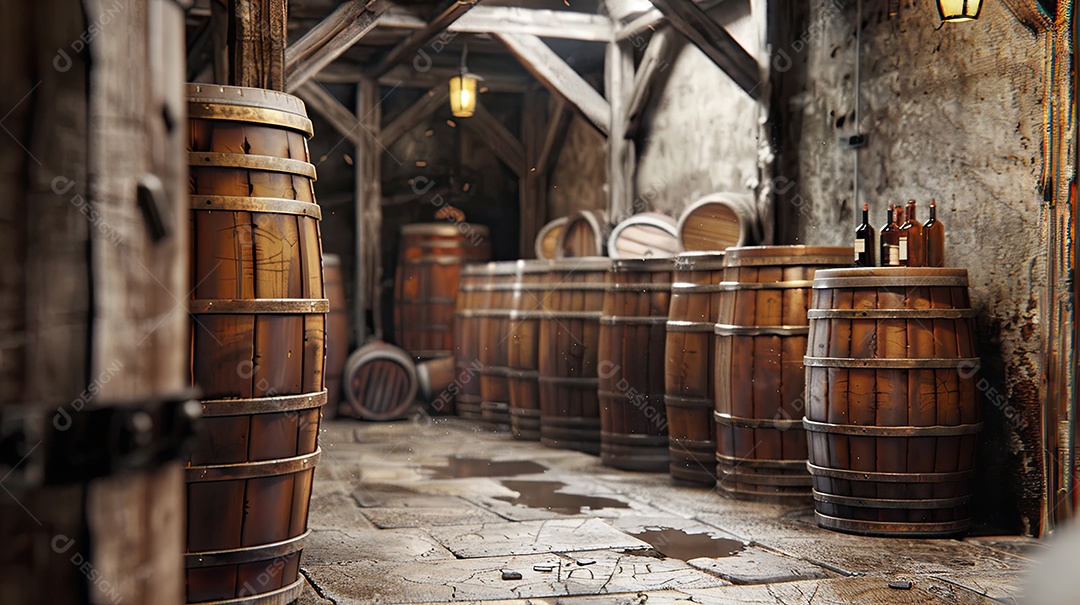 Armazém rústico com barris de vinho