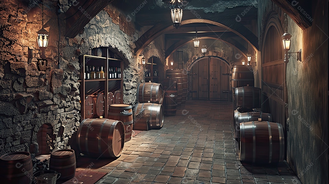 Armazém rústico com barris de vinho