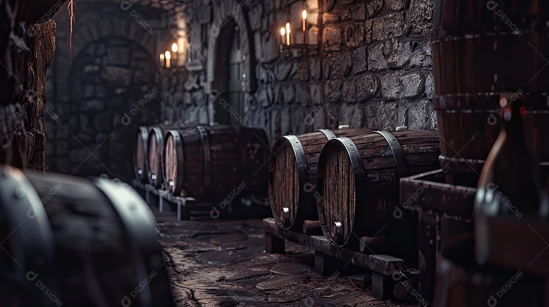 Armazém rústico com barris de vinho