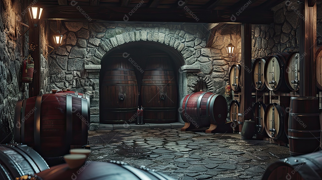 Armazém rústico com barris de vinho