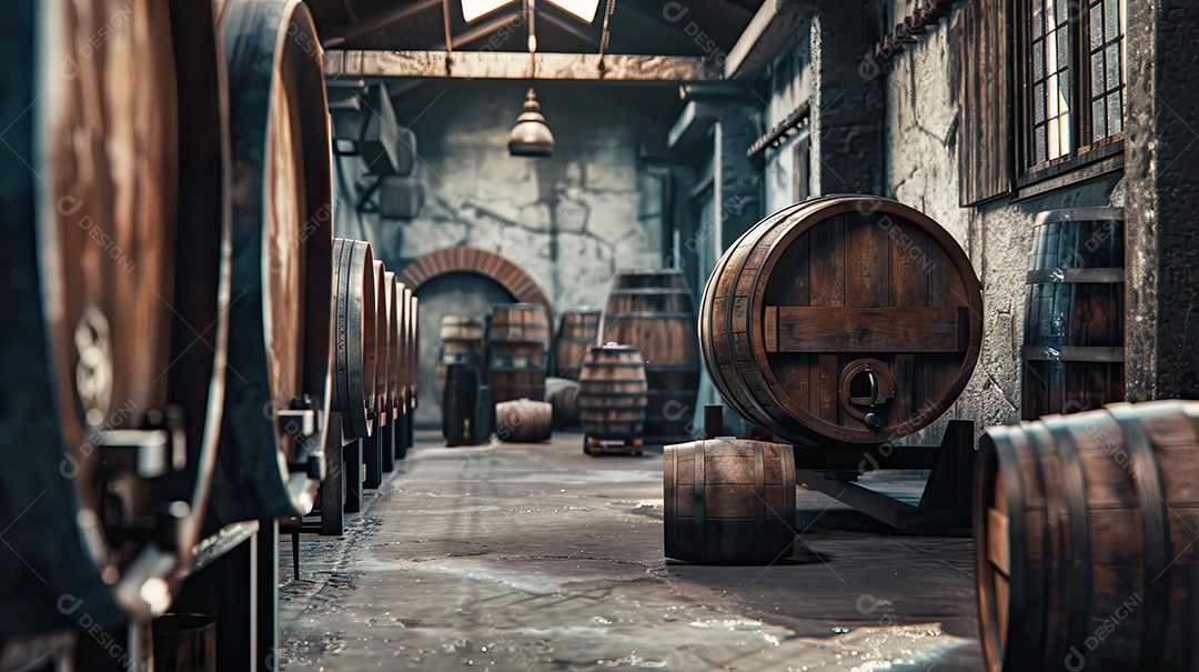 Armazém rústico com barris de vinho