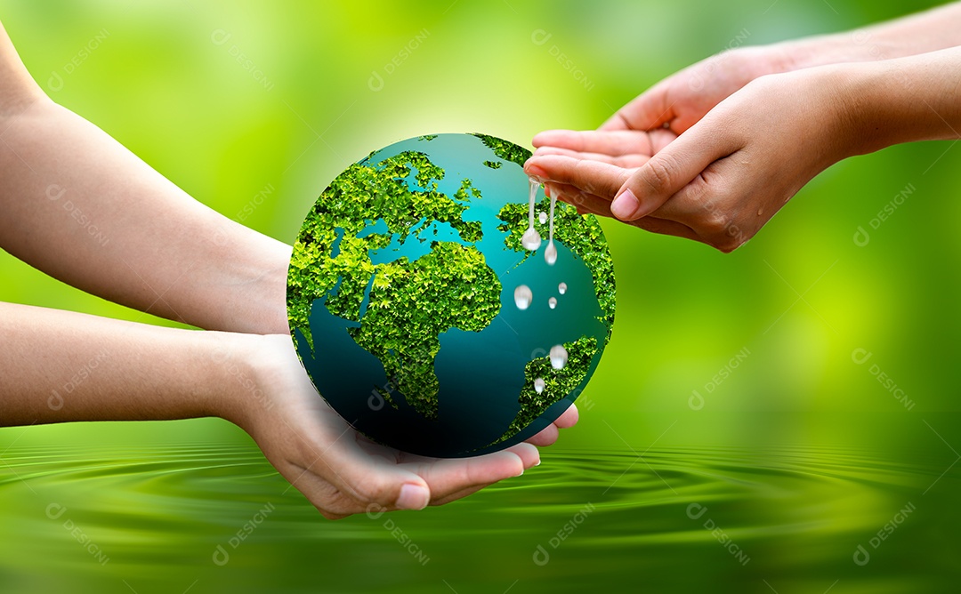 Fundo verde bokeh Mão feminina segurando árvore em campo de grama natural Conceito de conservação florestal