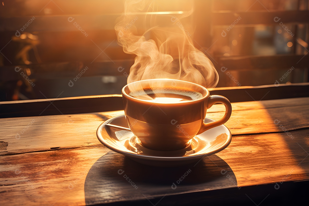 Mesa de madeira com xícara de café em cima