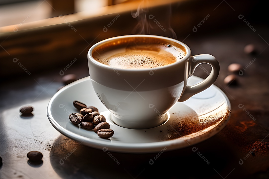 Mesa de madeira com xícara de café e grãos em cima