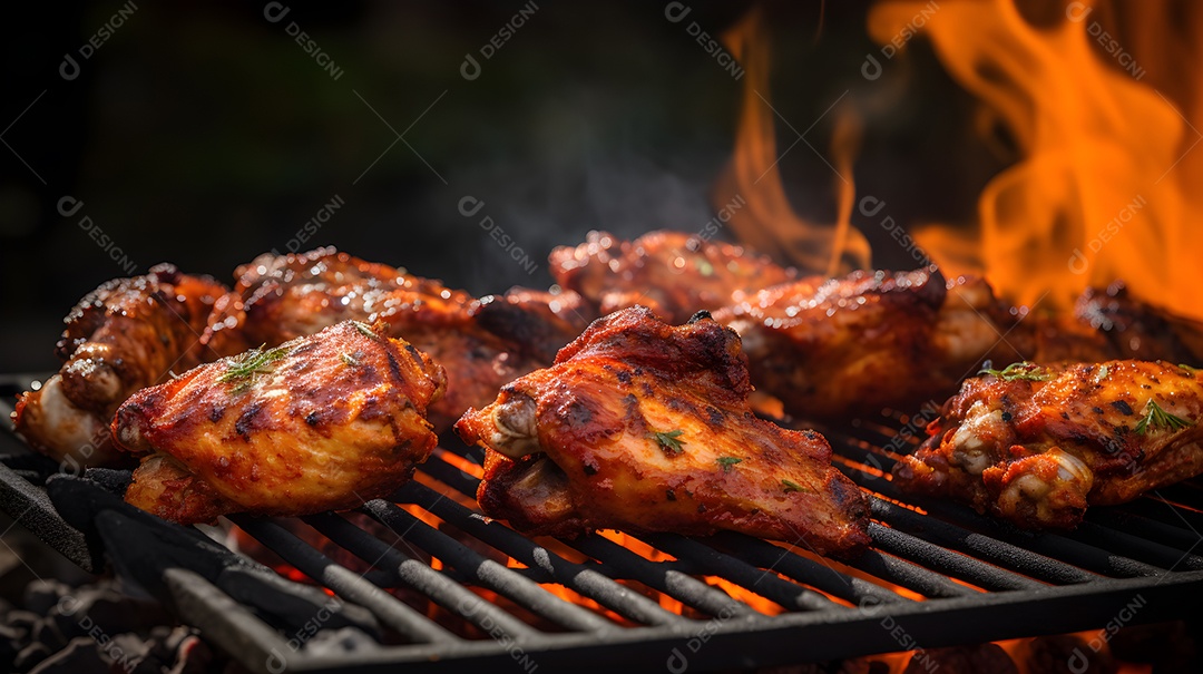 Coxas de frango bem temperadas assando uma delicia