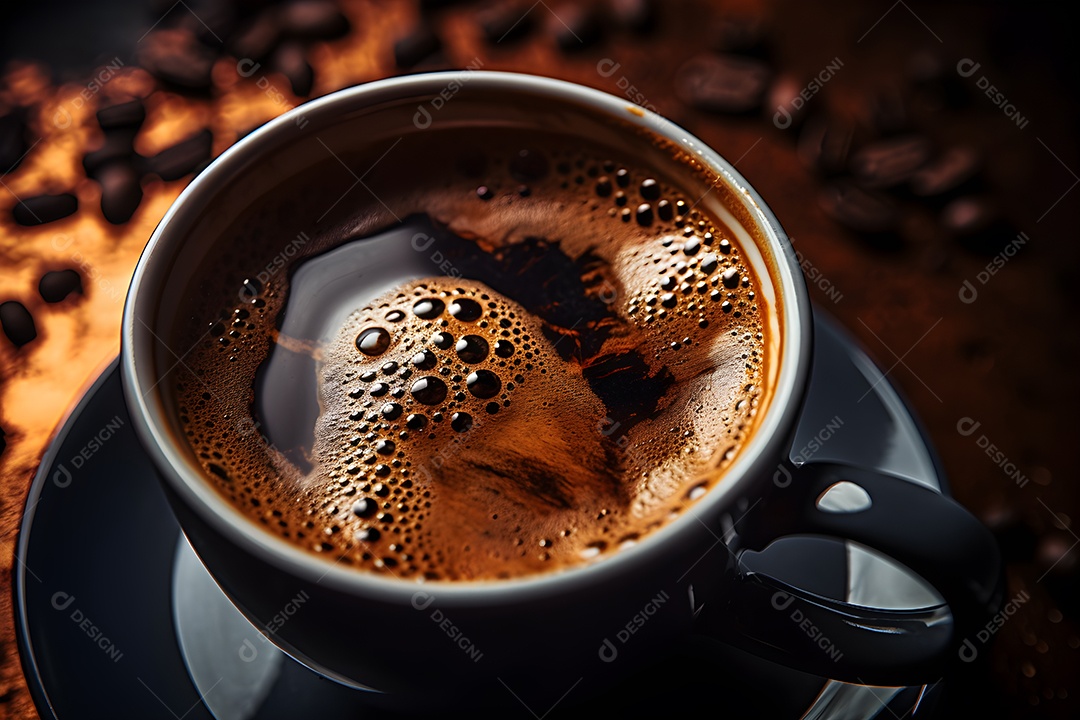Uma xícara cheia de café sobre fundo muitos grãos torrados de café