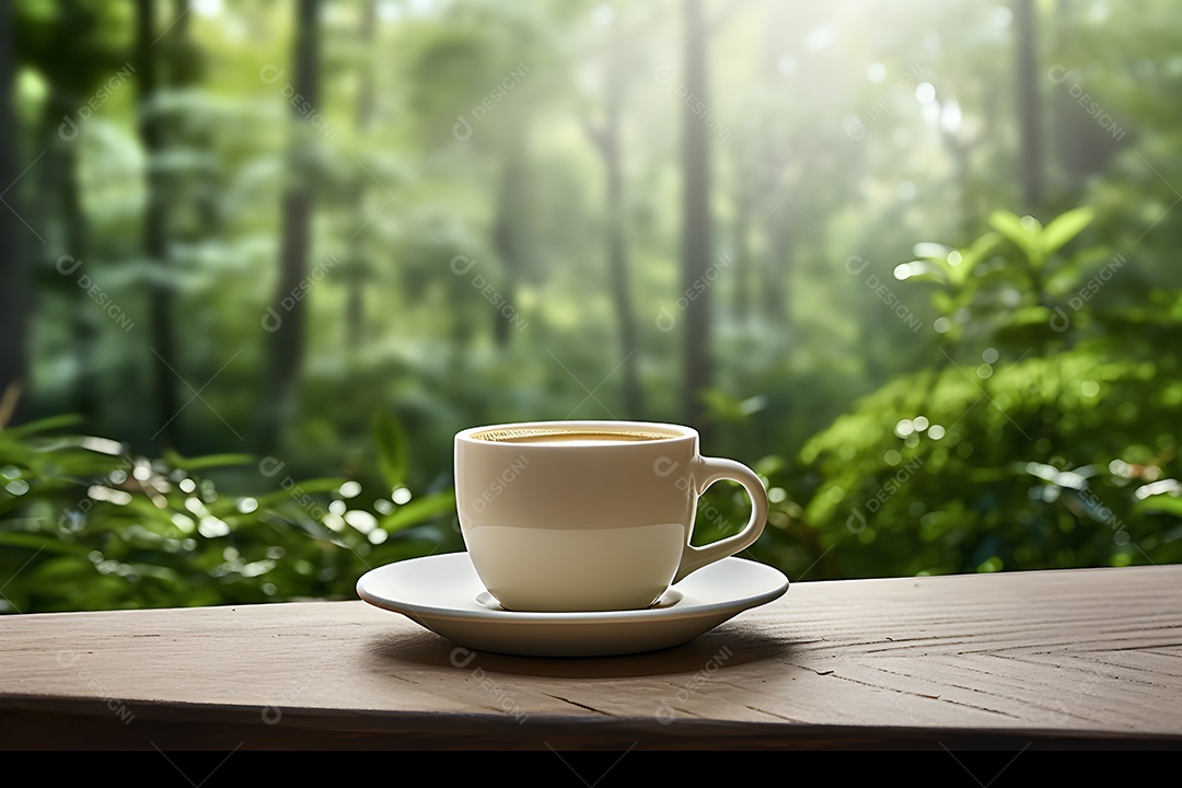 Mesa com uma xícara de café sobre fundo de natureza