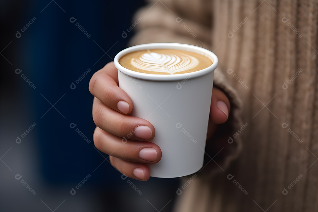 Mão segurando um copo de cappuccino