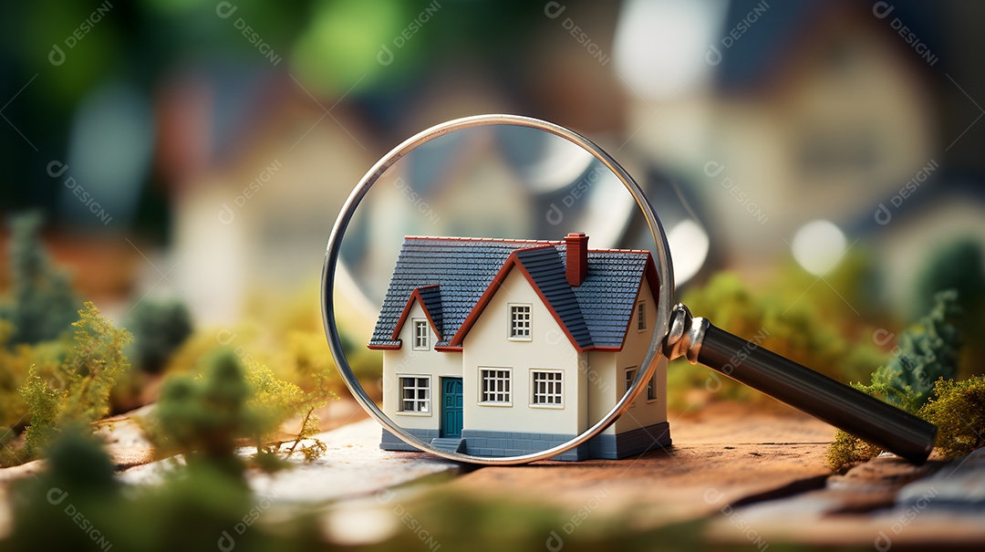 Uma mini casa e uma lupa conceito de investir em comprar uma casa