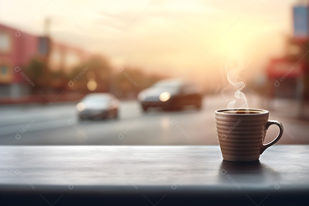 Uma bancada para rua com uma xícara de café