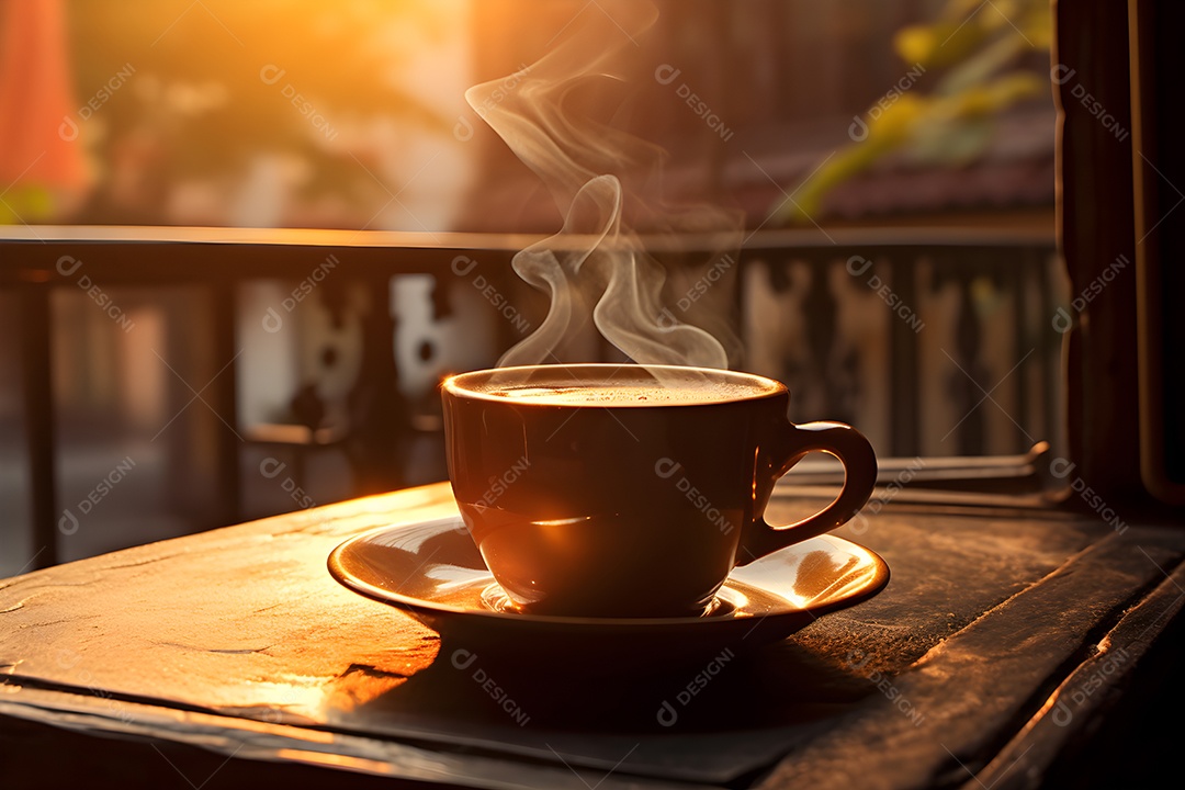 Uma mesa com uma xícara de café quentinho