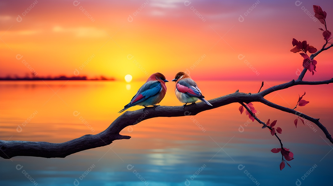 Dois pássaros sentados no galho da árvore sobre o rio em vista do pôr do sol