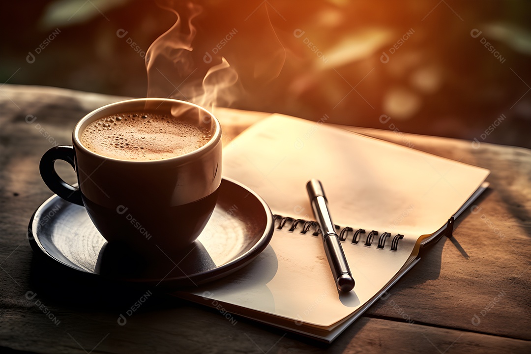 Uma mesa xícara de café agenda e uma caneta