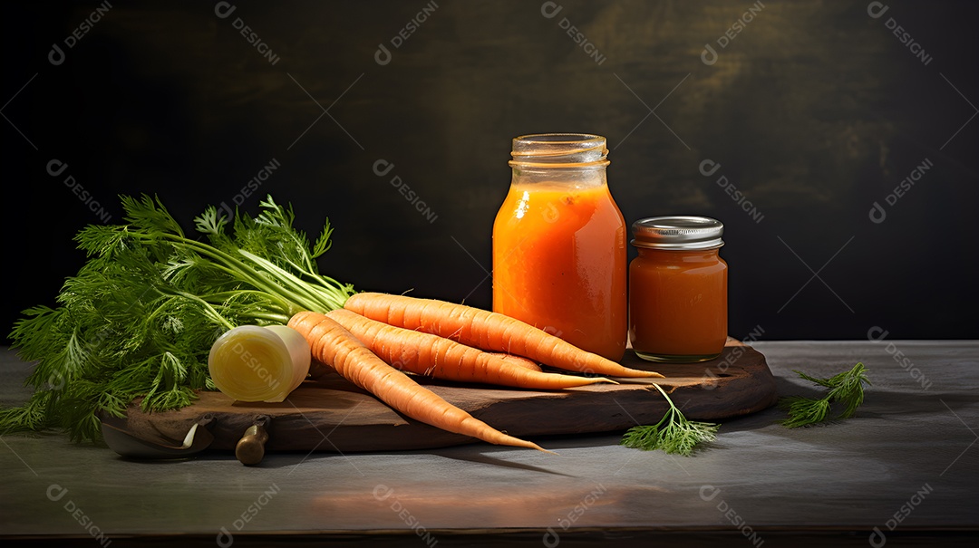 Pote de suco de cenoura com cenoura fresca
