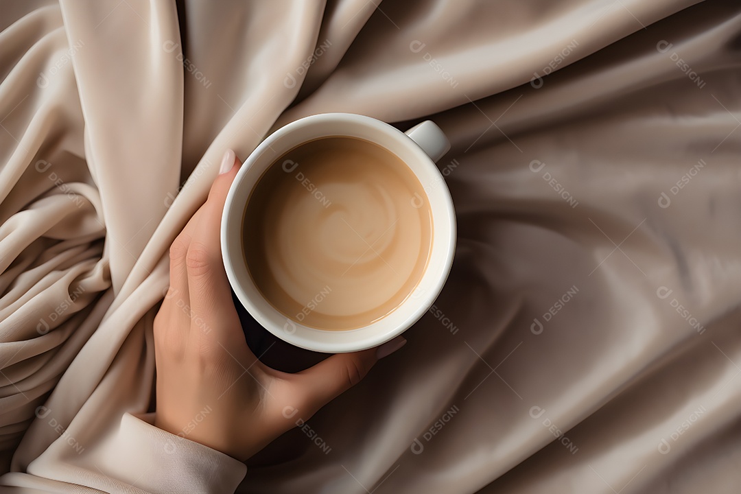 Mão segurando xícara de leite com café sobre a cama
