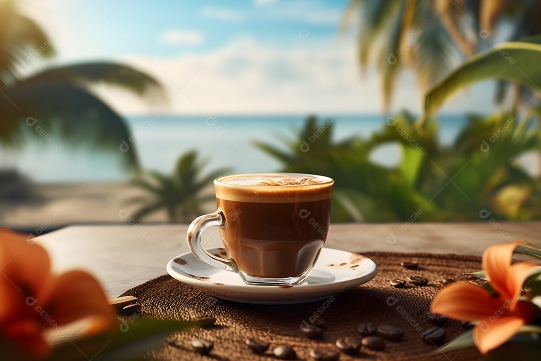 Uma bela vista e uma xícara de cappuccino delicioso