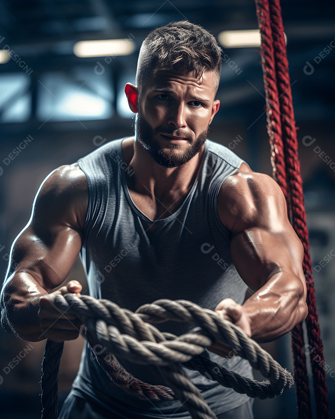 Homem musculoso segurando corda