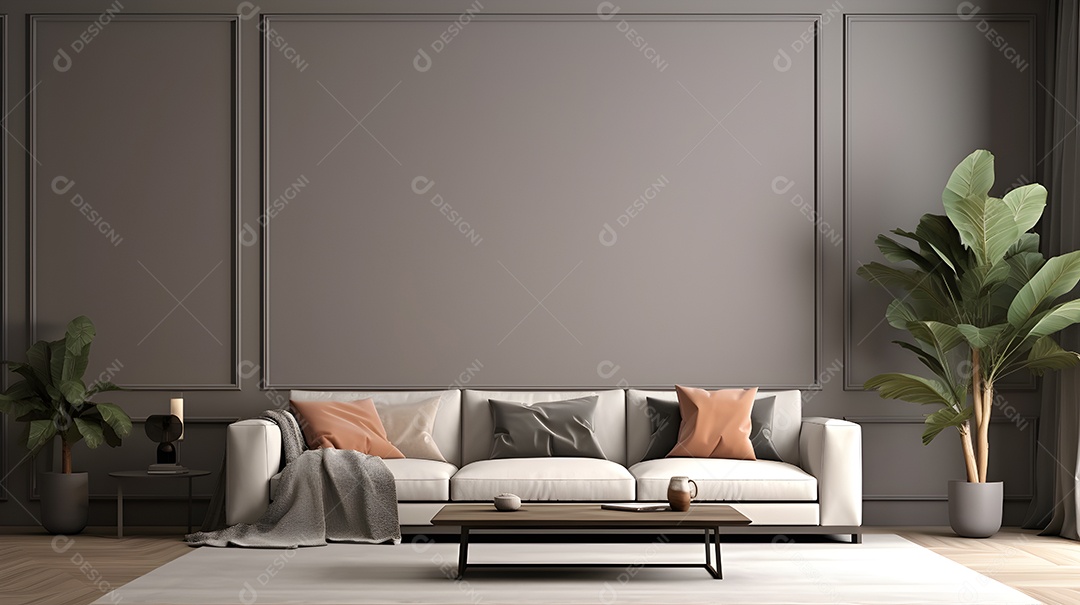 Interior moderno da sala de estar com sofá e ornamento de folhas verdes