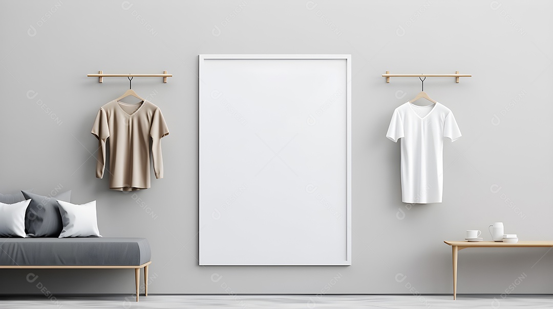 Uma maquete de pôster com moldura branca e camisetas em cabide