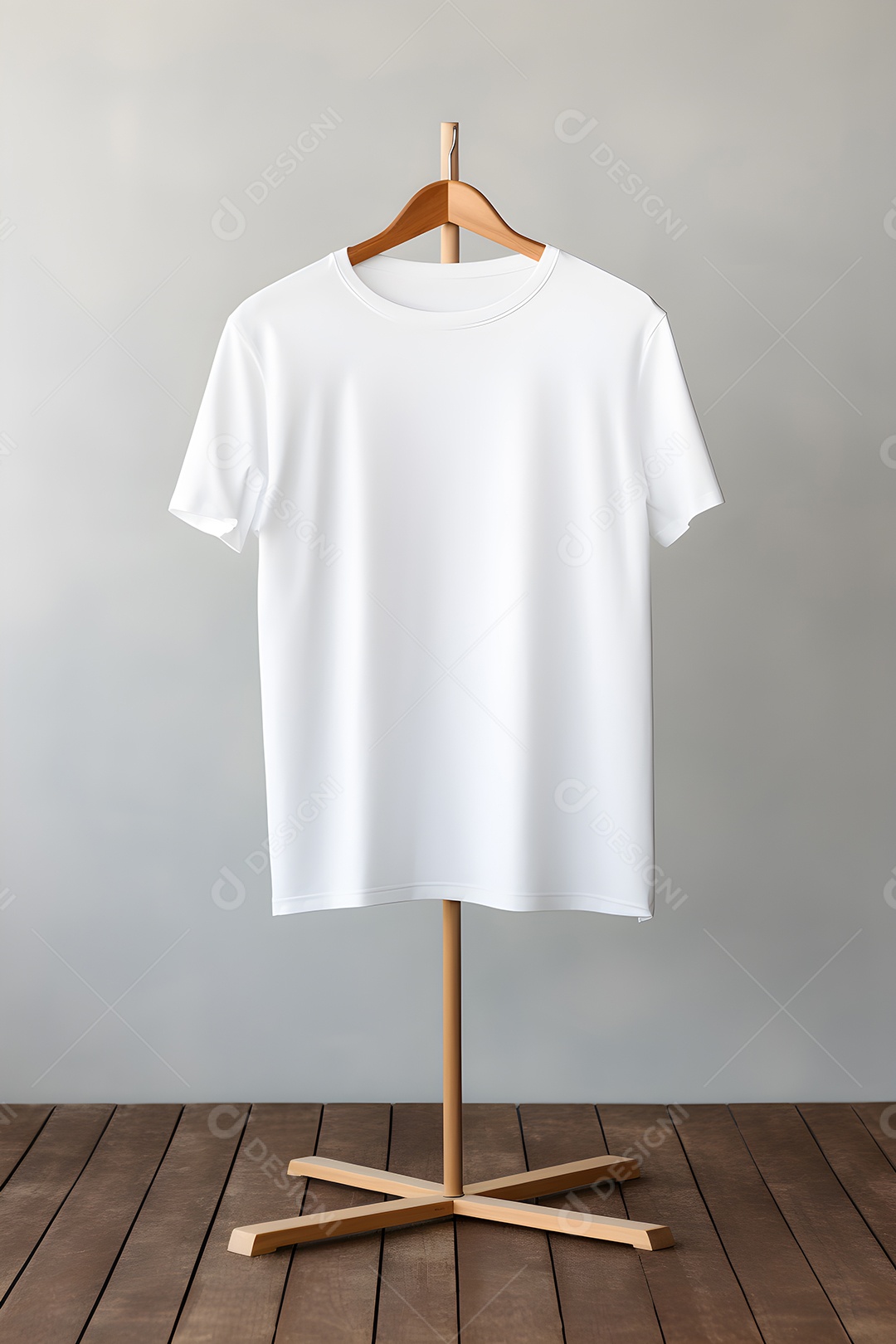 Camiseta de cor branca pendurada em cabide de madeira