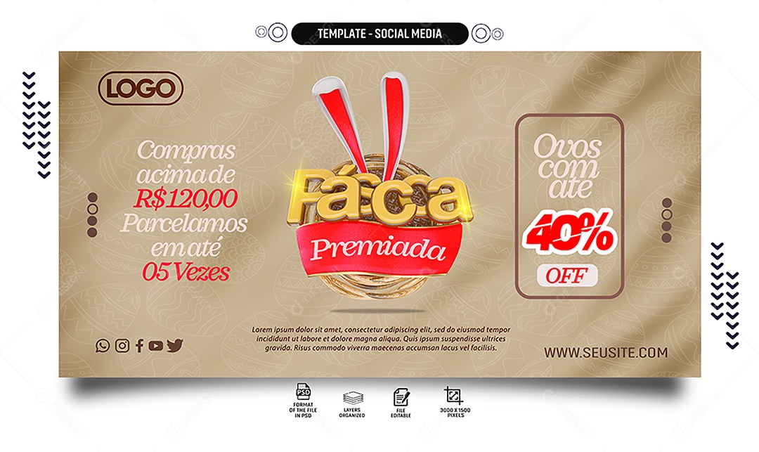 Banner Páscoa Premiada Compras Acima de 120,00 Parcelamos em Até 5 Vezes Social Media PSD Editável