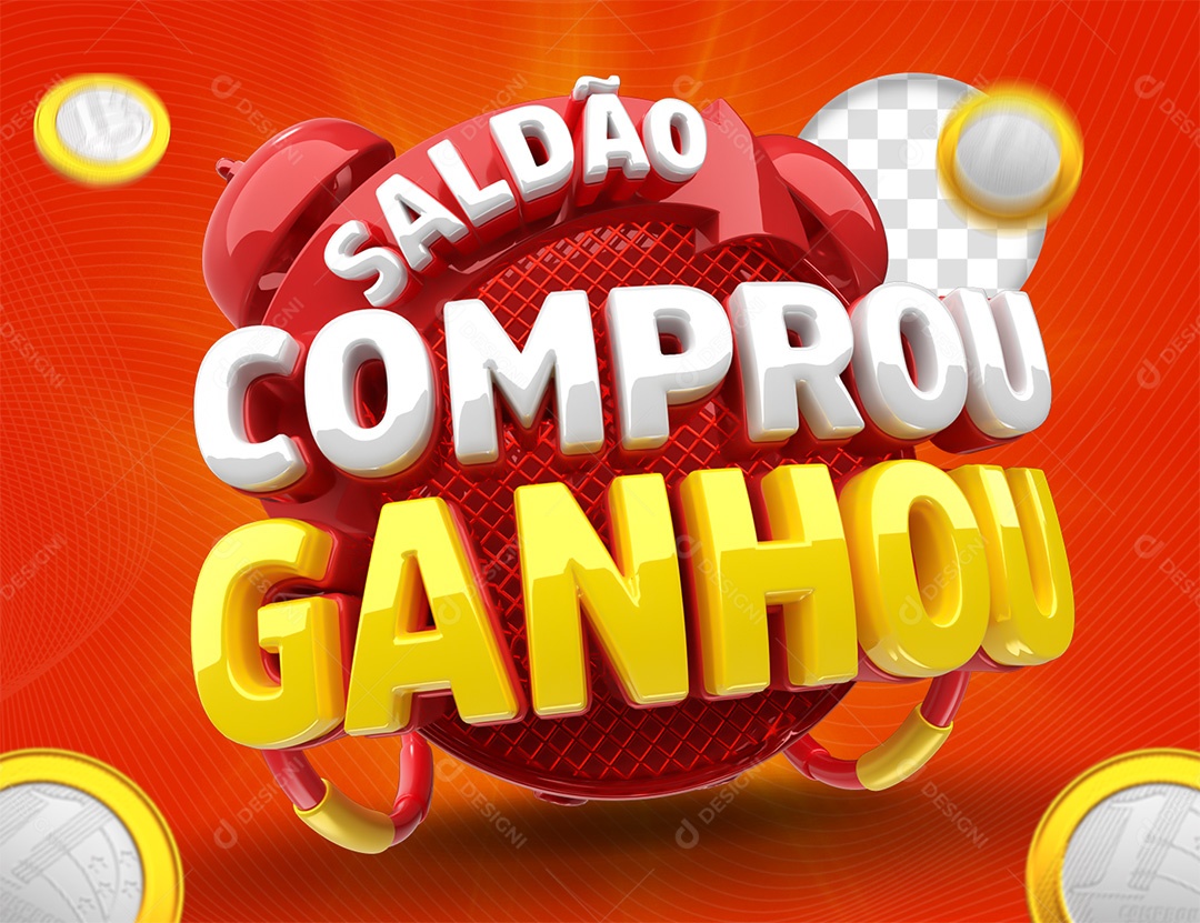 Selo 3D Saldão Comprou Ganhou Branco e Amarelo para Composição PSD