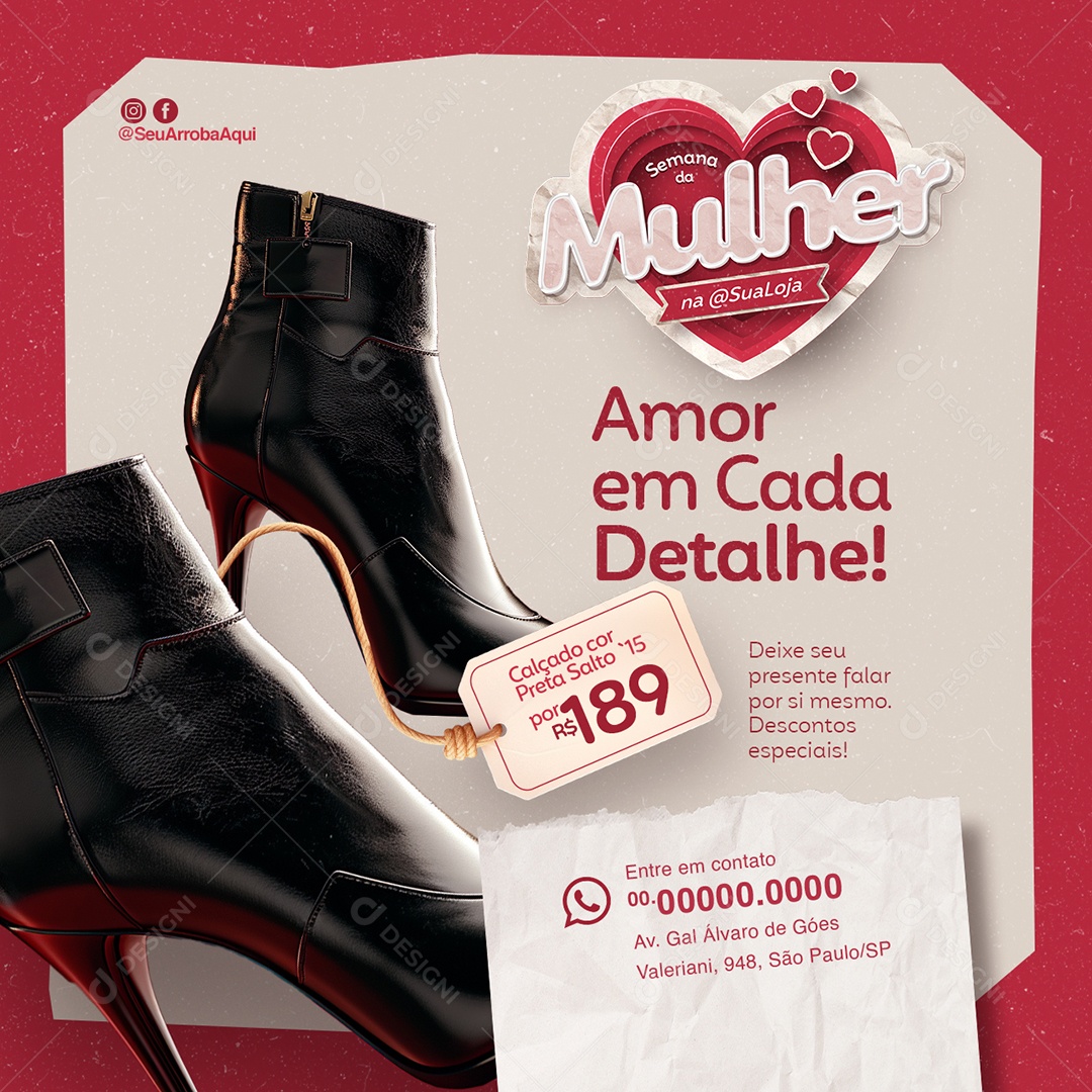 Campanha Publicitária Semana da Mulher Calçado cor Preta Social Media PSD Editável