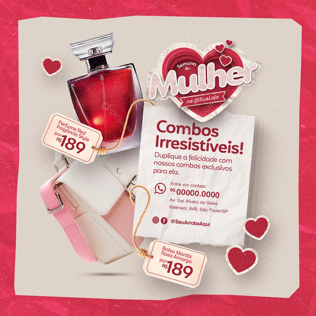 Campanha Publicitária Semana da Mulher Combos Perfume Red Bolsa Marttiz Social Media PSD Editável