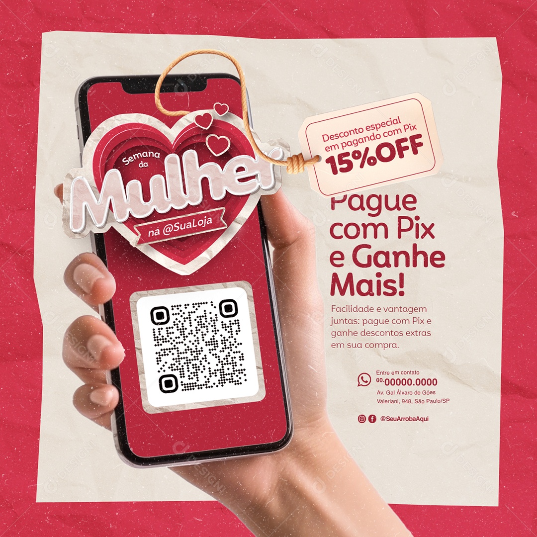 Campanha Publicitária Semana da Mulher Desconto especial pando com pix 15% off Social Media PSD Editável