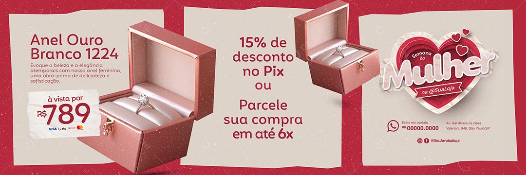 Campanha Publicitária Semana da Mulher Carrossel Anel Ouro Branco Social Media PSD Editável
