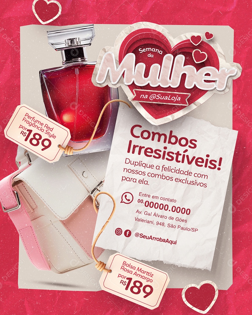 Campanha Publicitária Semana da Mulher Flyer Combos Perfume Red Bolsa Marttiz Social Media PSD Editável