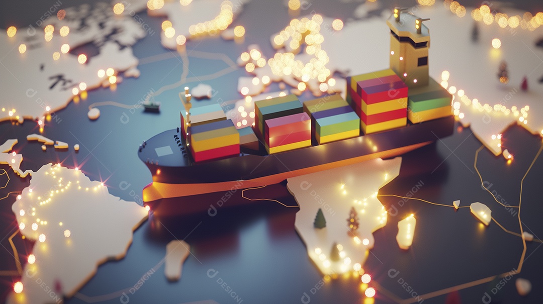 Um conceito de arte digital de um navio de carga no mapa