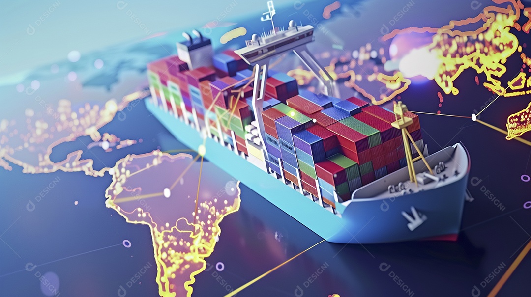 Um conceito de arte digital de um navio de carga no mapa