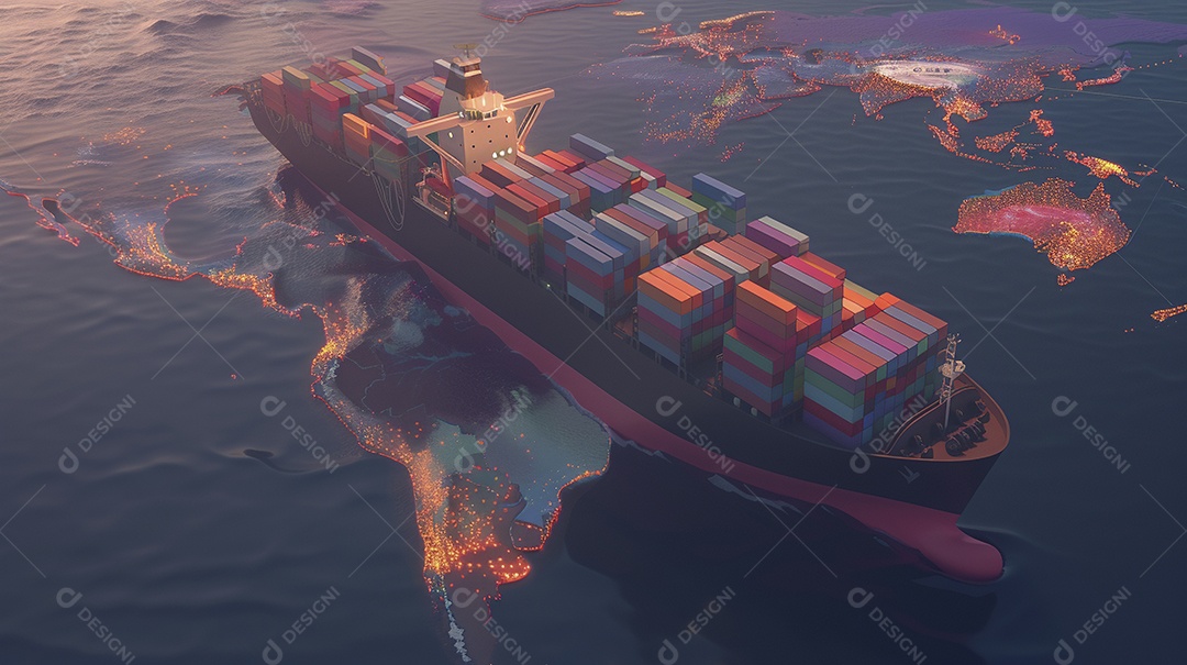 Um conceito de arte digital de um navio de carga no mapa