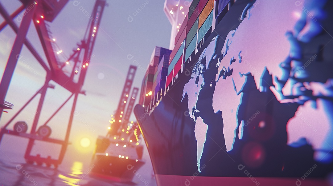 Um conceito de arte digital de um navio de carga no mapa