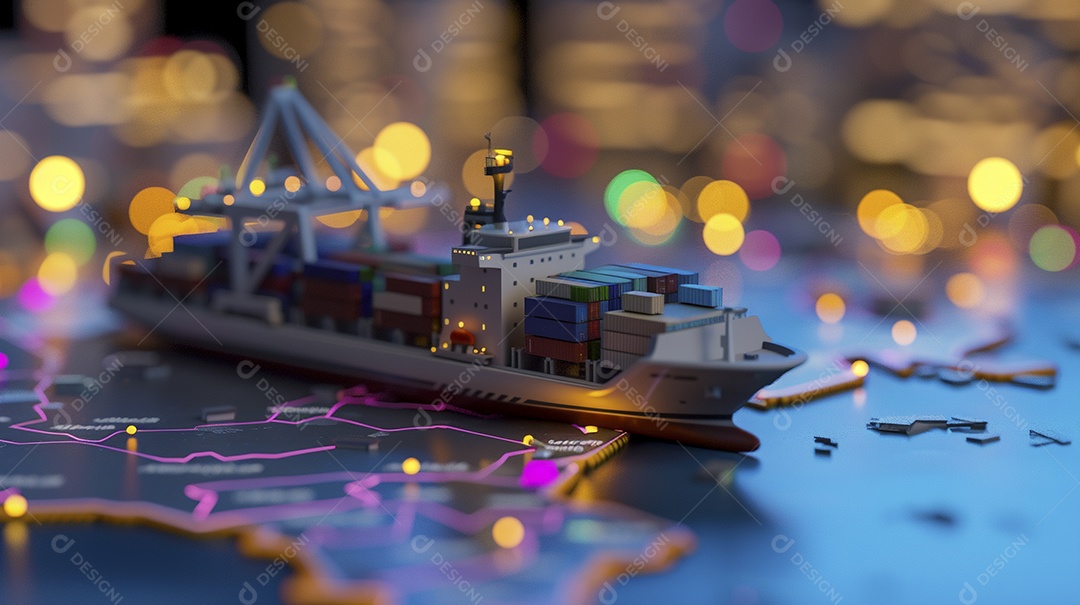 Um conceito de arte digital de um navio de carga no mapa