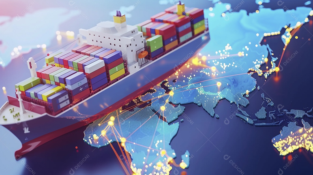 Um conceito de arte digital de um navio de carga no mapa