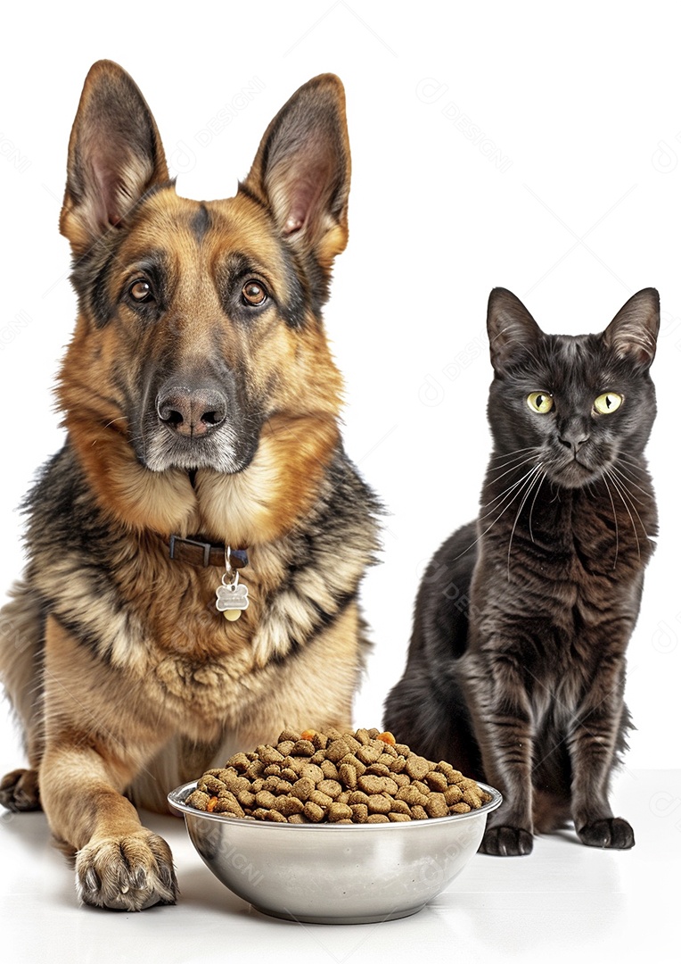 Um cachorro e um gato sentados lado a lado olhando ansiosamente para uma tigela cheia de comida deliciosa